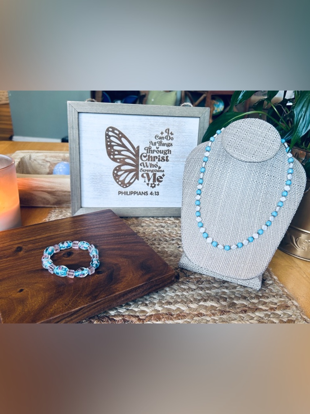 Light Blue & White Stone Beaded Necklace and stretch bracelet Handmade by Evelyn